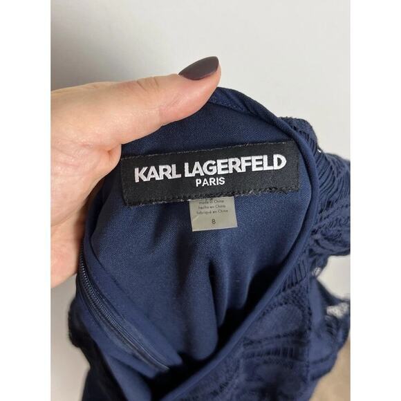 NWT Karl Lagerfeld Navy Blue Sheath Mini Dress Lace Overlay Scalloped Size 8 Wms - Picture 3 of 6